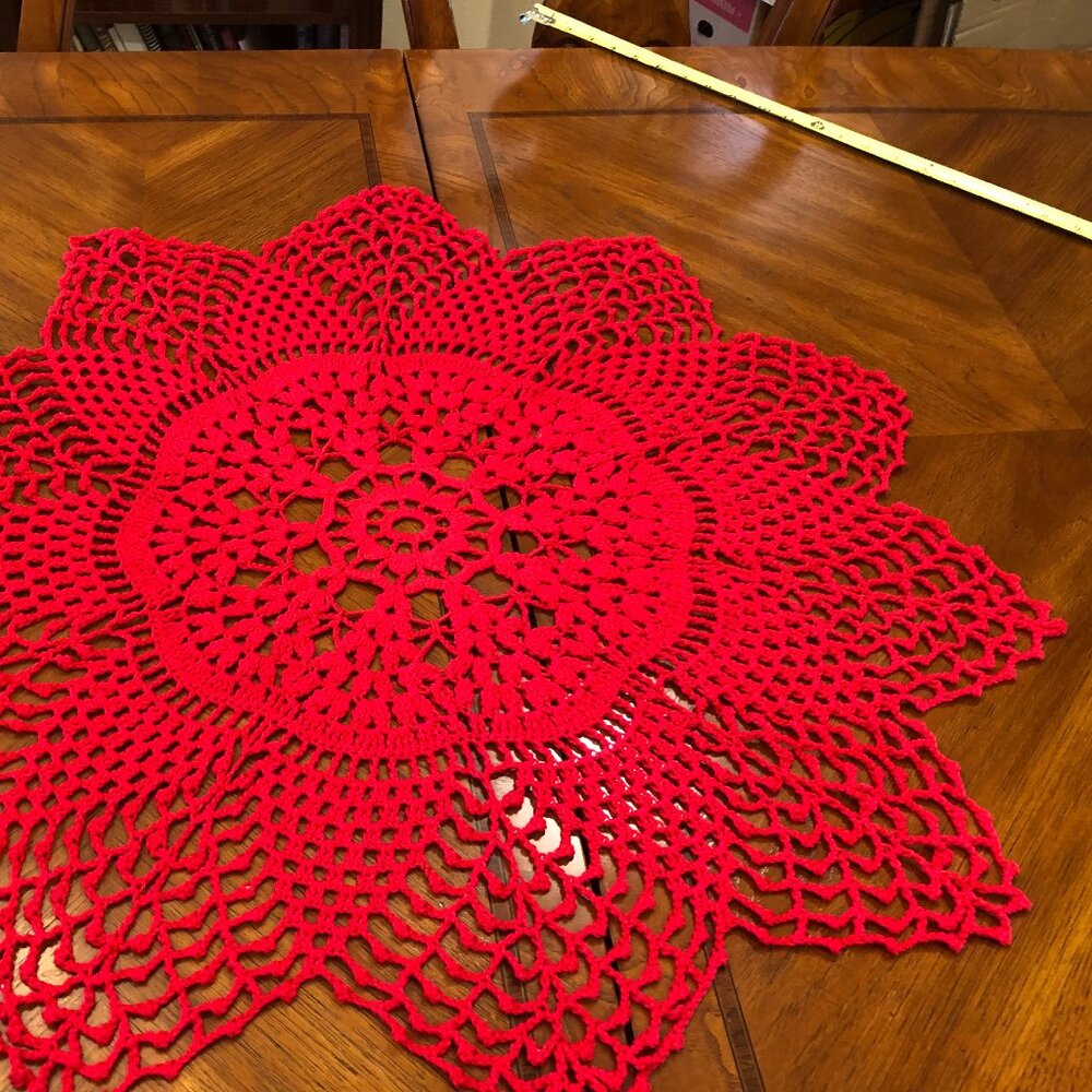 Red vintage lace hand crochet cotton doily 29"